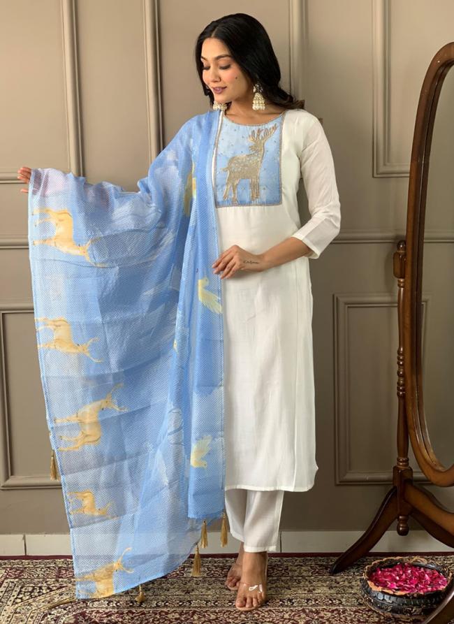 Roman Silk Sky Blue Festival Wear Embroidery Work Readymade Kurti Set